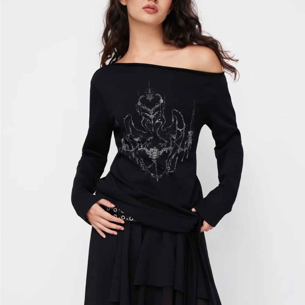 Cider Off Shoulder Black Top with Gray Accents Oversized Whimsigoth